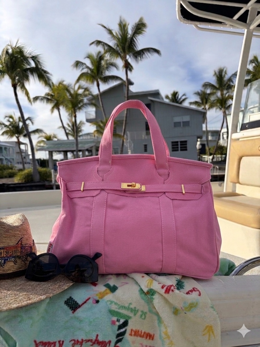 Boatkin Canvas Boat Tote – Solid Pink, Includes Twilly, Lock, Key & Zip Pouch